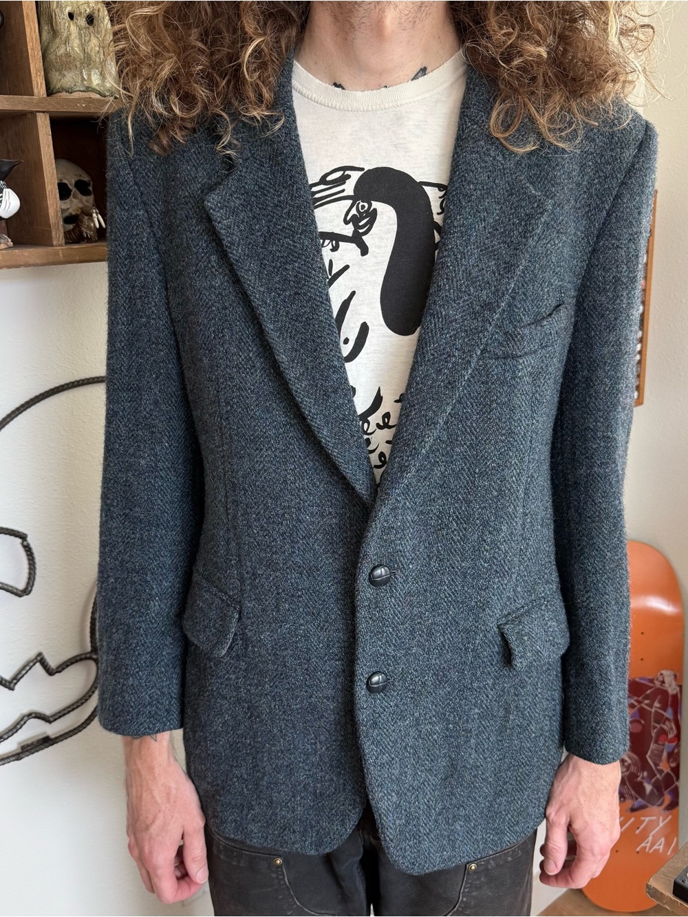 Vintage 80s Harris Tweed Blue Herringbone Wool Blazer ~ Size 42 / M